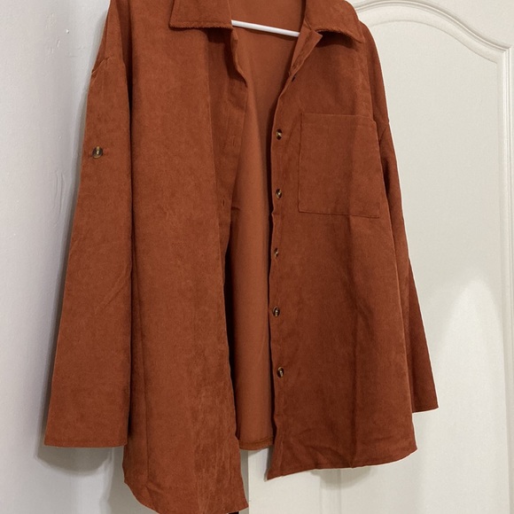 SHEIN Rust Brown Oversized Corduroy Roll-Up Sleeve Blouse - Picture 3 of 6